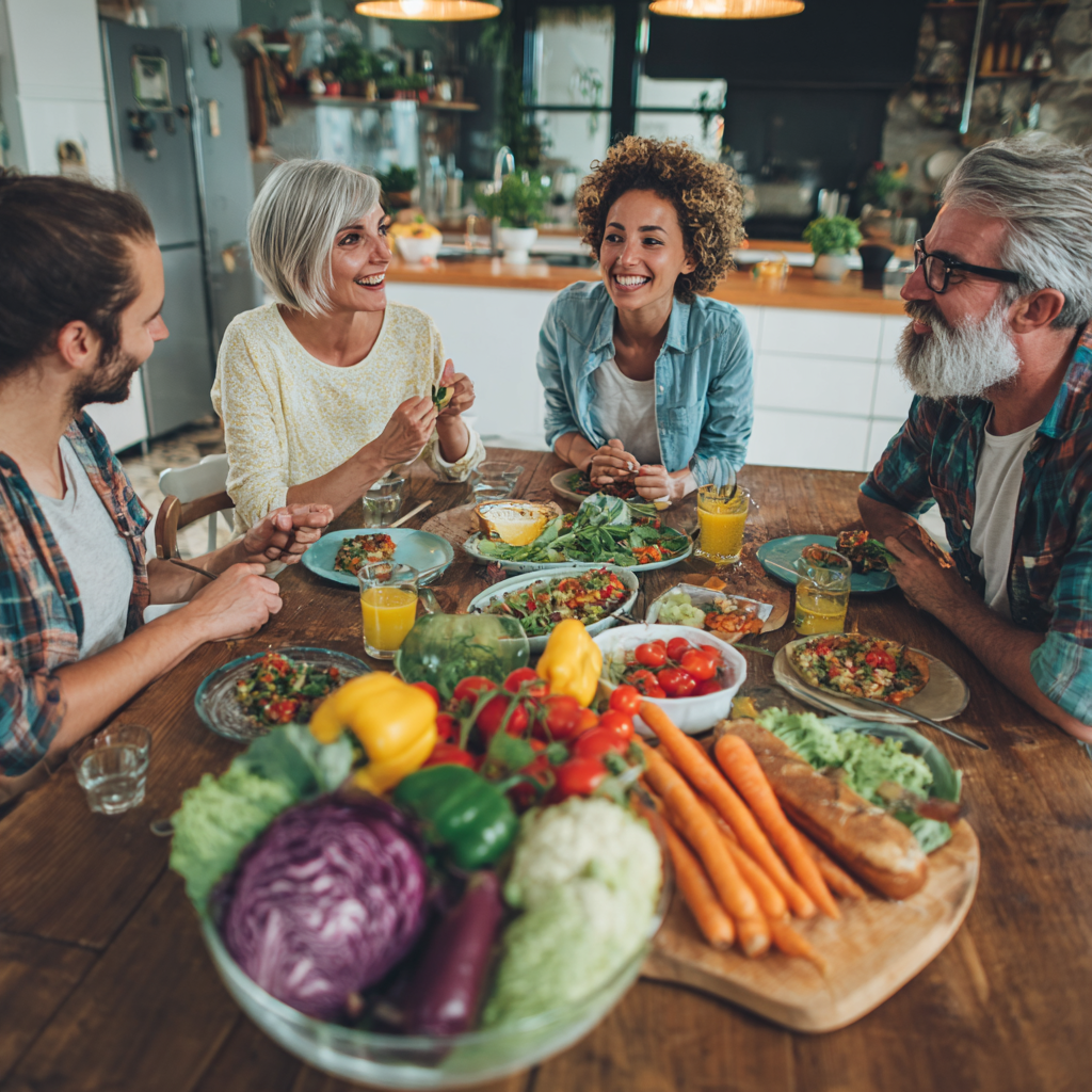 Professional Romanian nutritionist consulting with clients, reviewing personalized meal plans and discussing healthy lifestyle choices